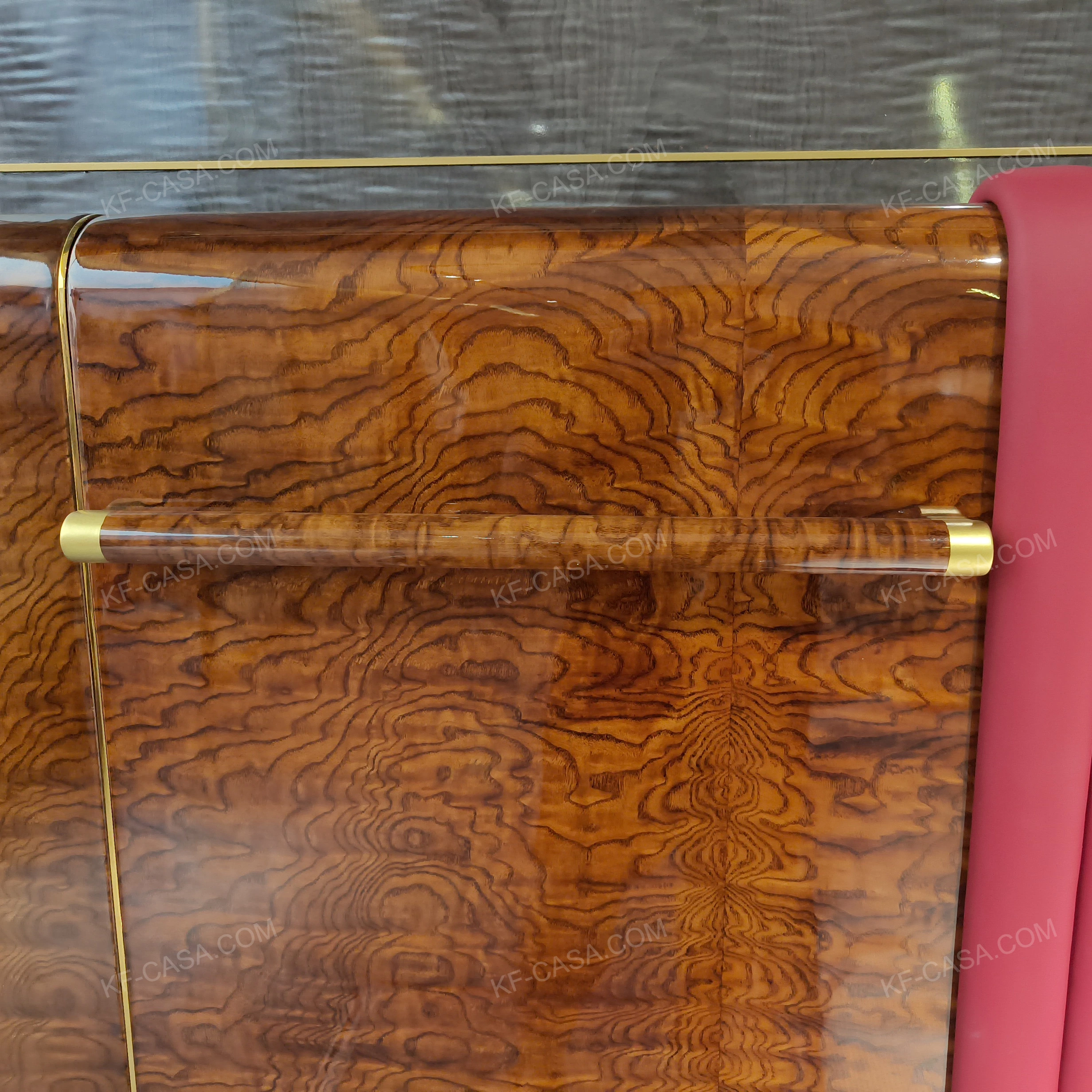 Natural Wood Headboard Upholstered Bed with Burgundy Leather Panel, Polished Marble Side Accents & Stainless Steel Hardware